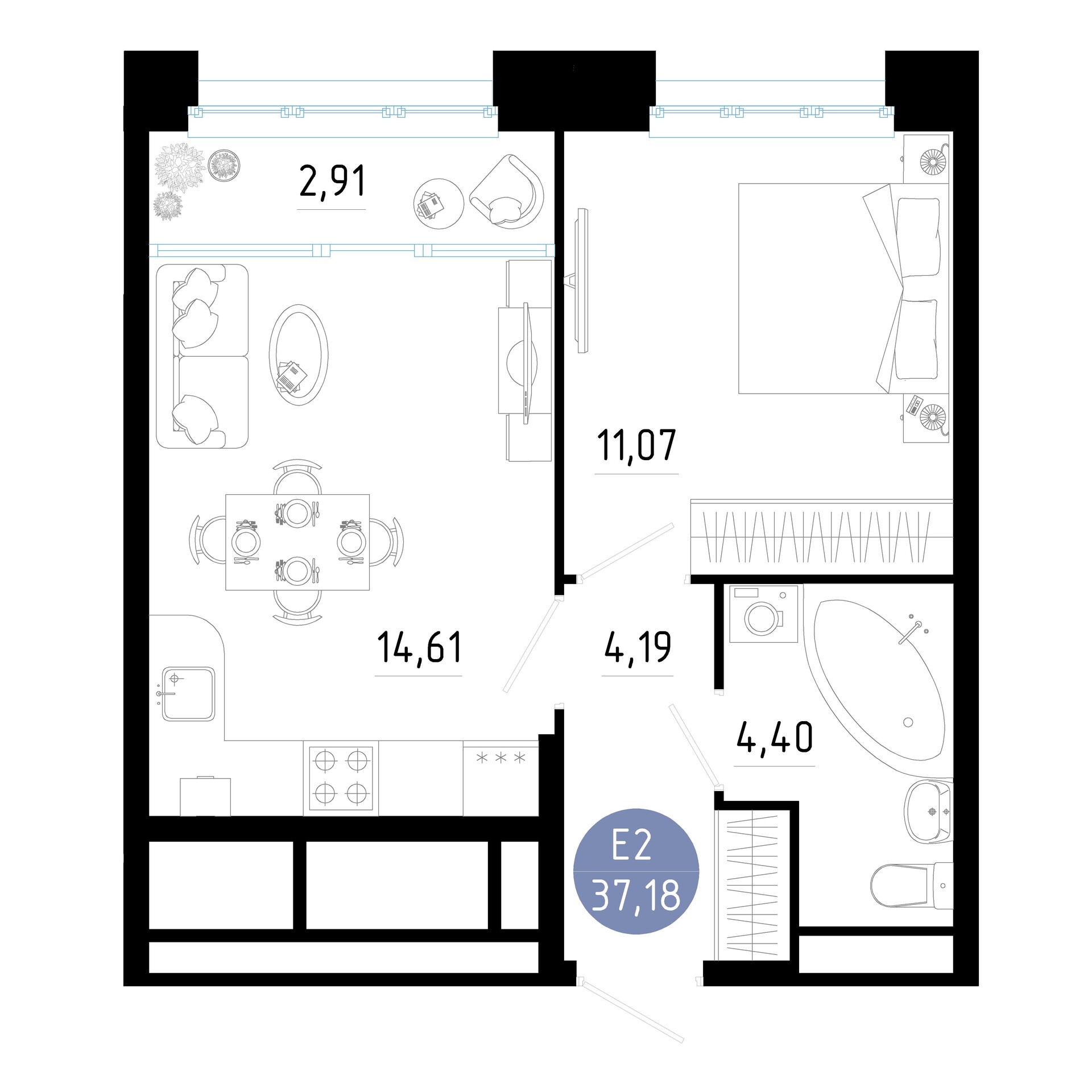 Квартира с одной спальней и гостиной 37м² (Евро-2)